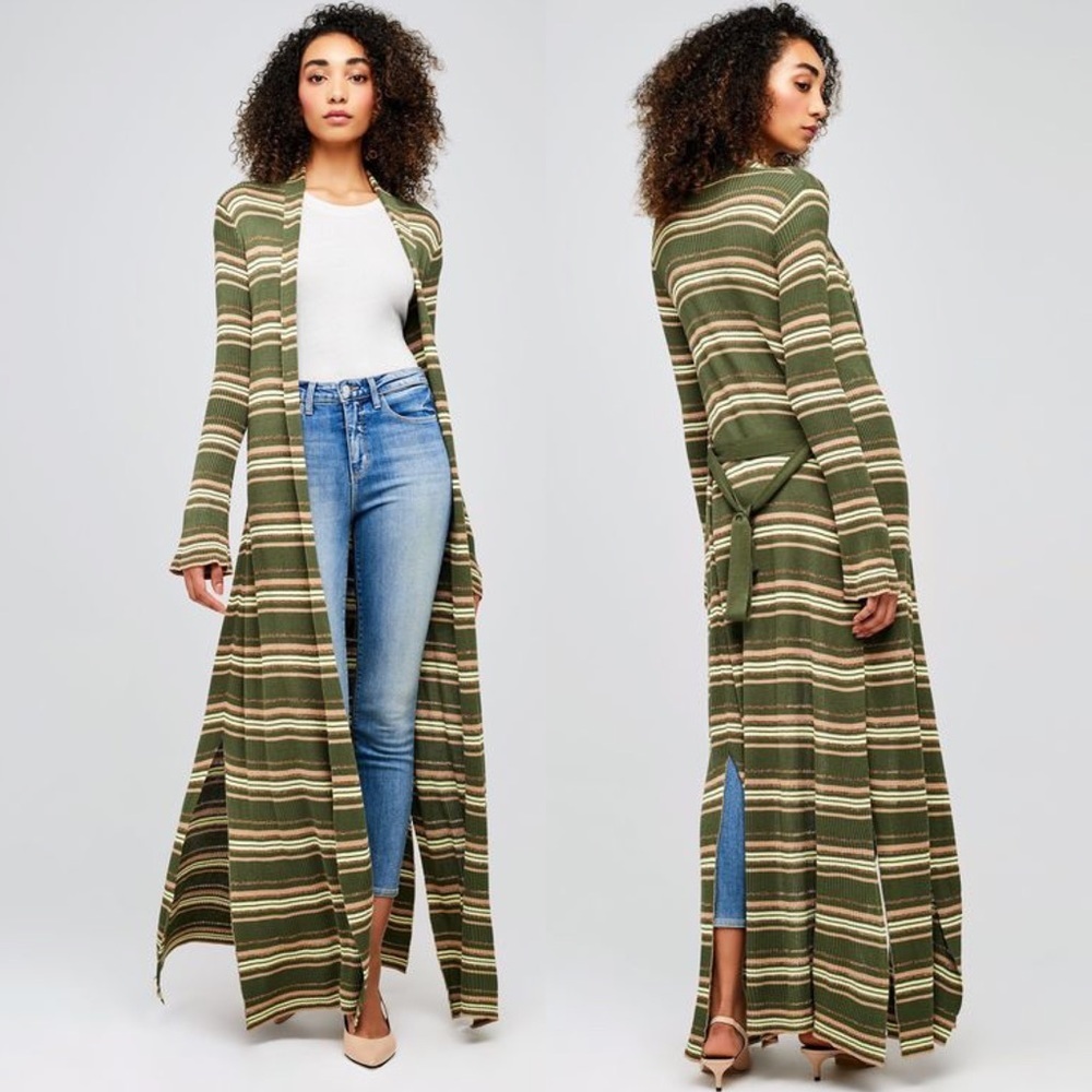 L'agence Marija Duster Cardigan - Green/Cream/Tan *no belt*